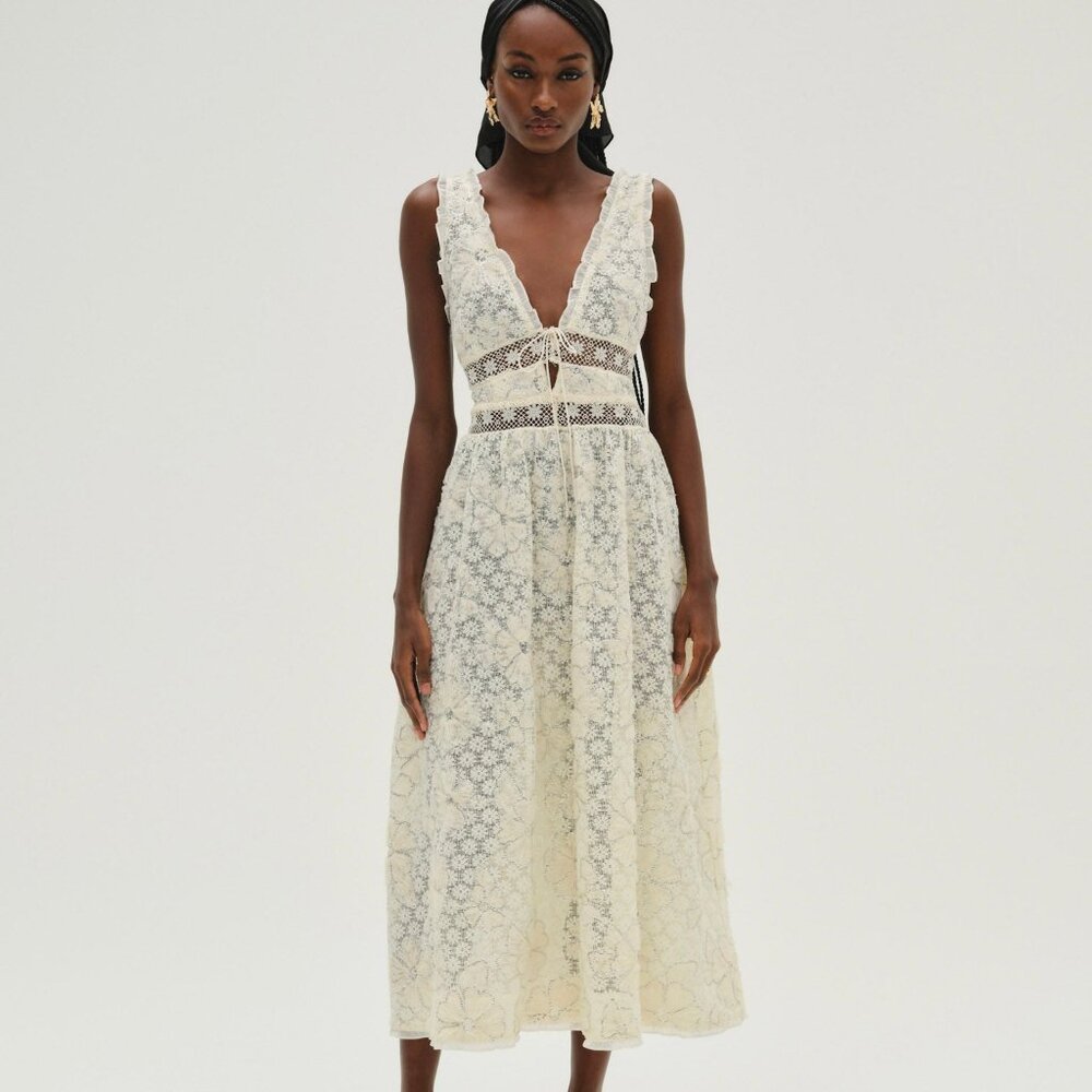 NWT For Love & Lemons Snowflake Daisy Midi Dress Cream